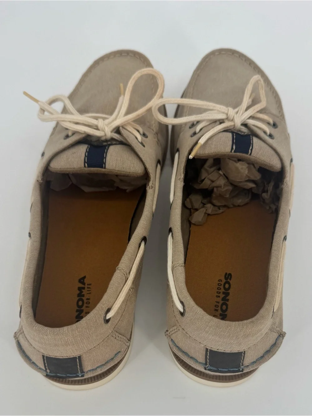 Sonoma Men's Tan Canvas Boat Shoe with Cream Laces Size 13